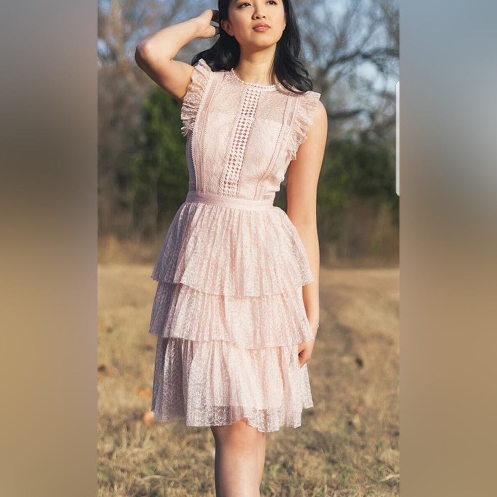 Anthropologie Heartloom pink tiered high neck lace semi-formal cocktail dress